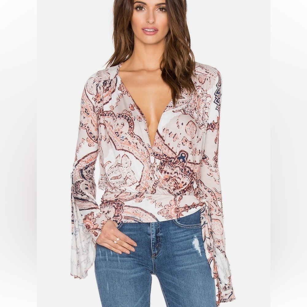 Free People Fiona Plunging Wrap Split Sleeve Paisley Blouse